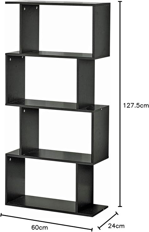 Modern S-Shaped 4 Tier Bookcase Display Shelf – Space Saving Storage Unit Black