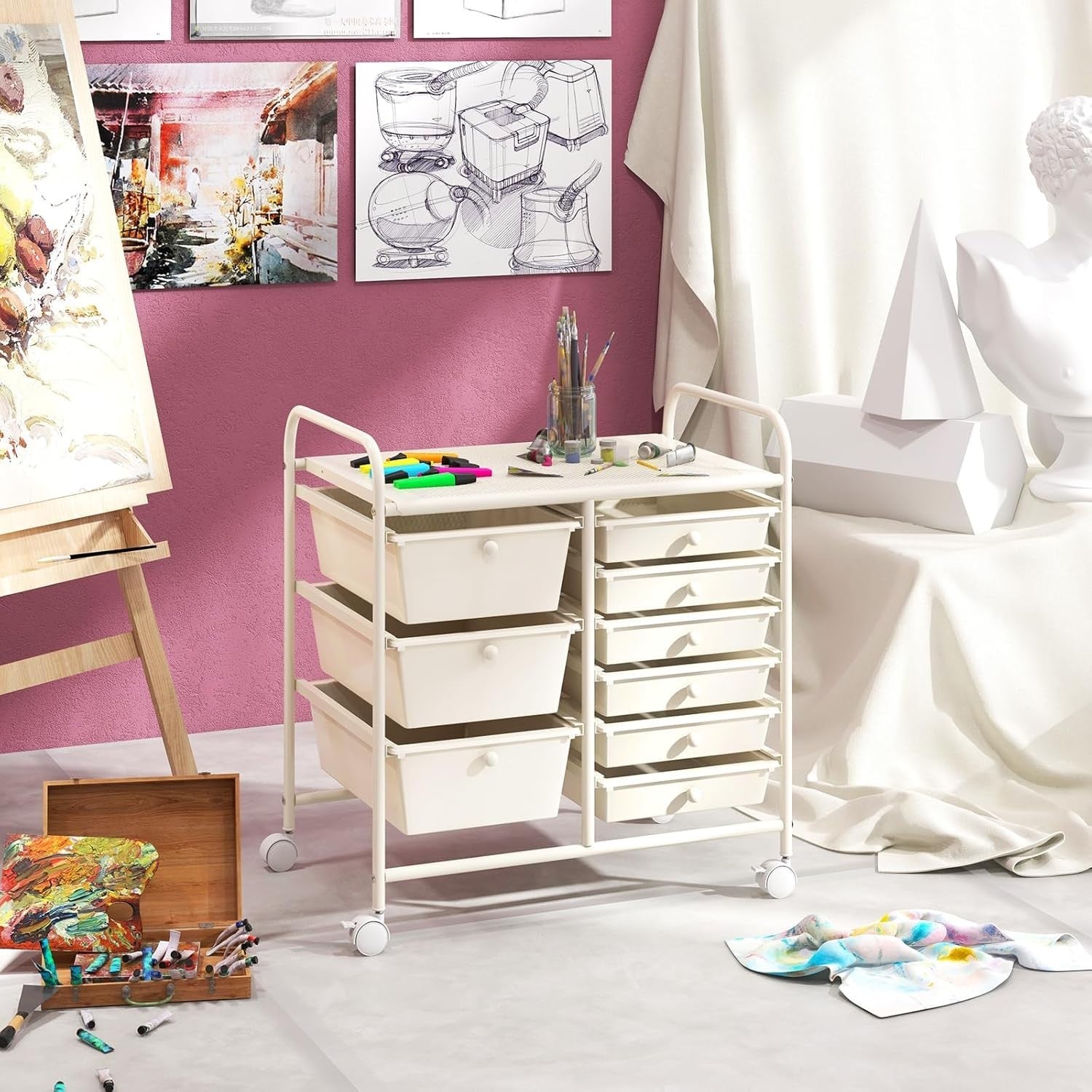 9 Drawer Rolling Storage Cart White Utility Organizer Trolley Wheels