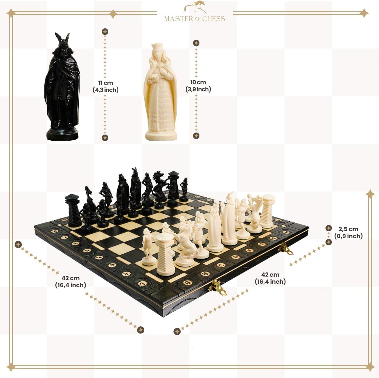 16" Viking Medieval Chess Set Weighted Pieces & Engraved Folding Board