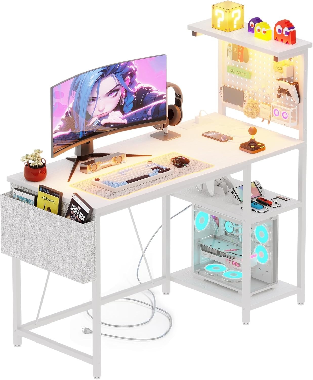 White Gaming Desk w/RGB LED, Power Hub & Reversible Shelf 120x50cm