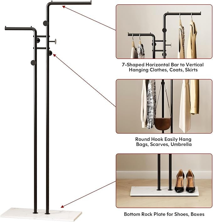 Black Metal Coat Rack with Marble Base 170cm Tall Clothes Organizer Stand