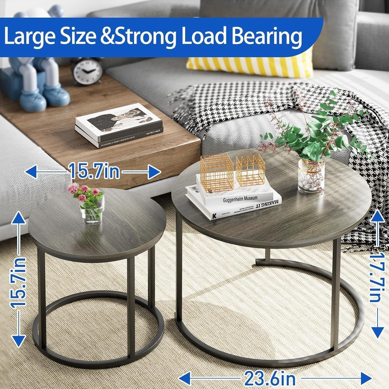 2-Piece Nesting Round Coffee Table Set with Gray Top & Black Metal Frame