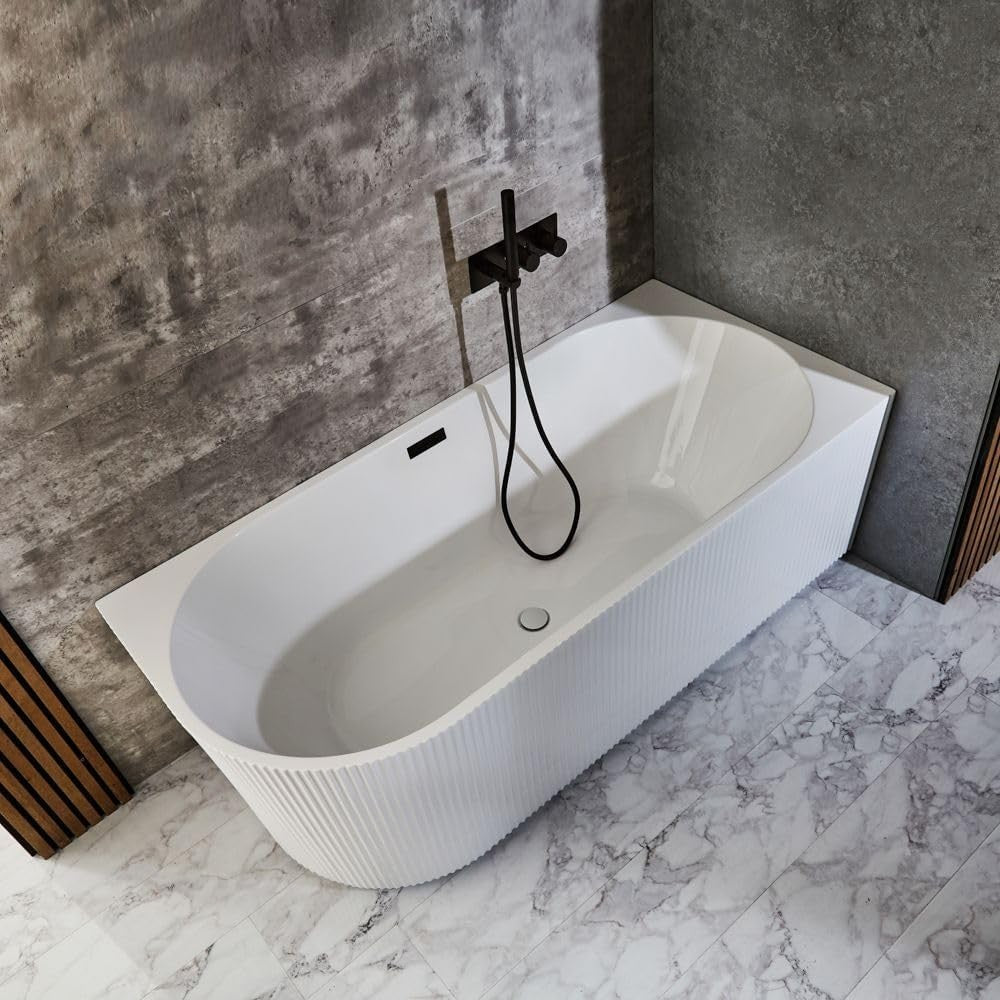 White Right Hand Fluted Corner Bath 1700x800mm Black Overflow