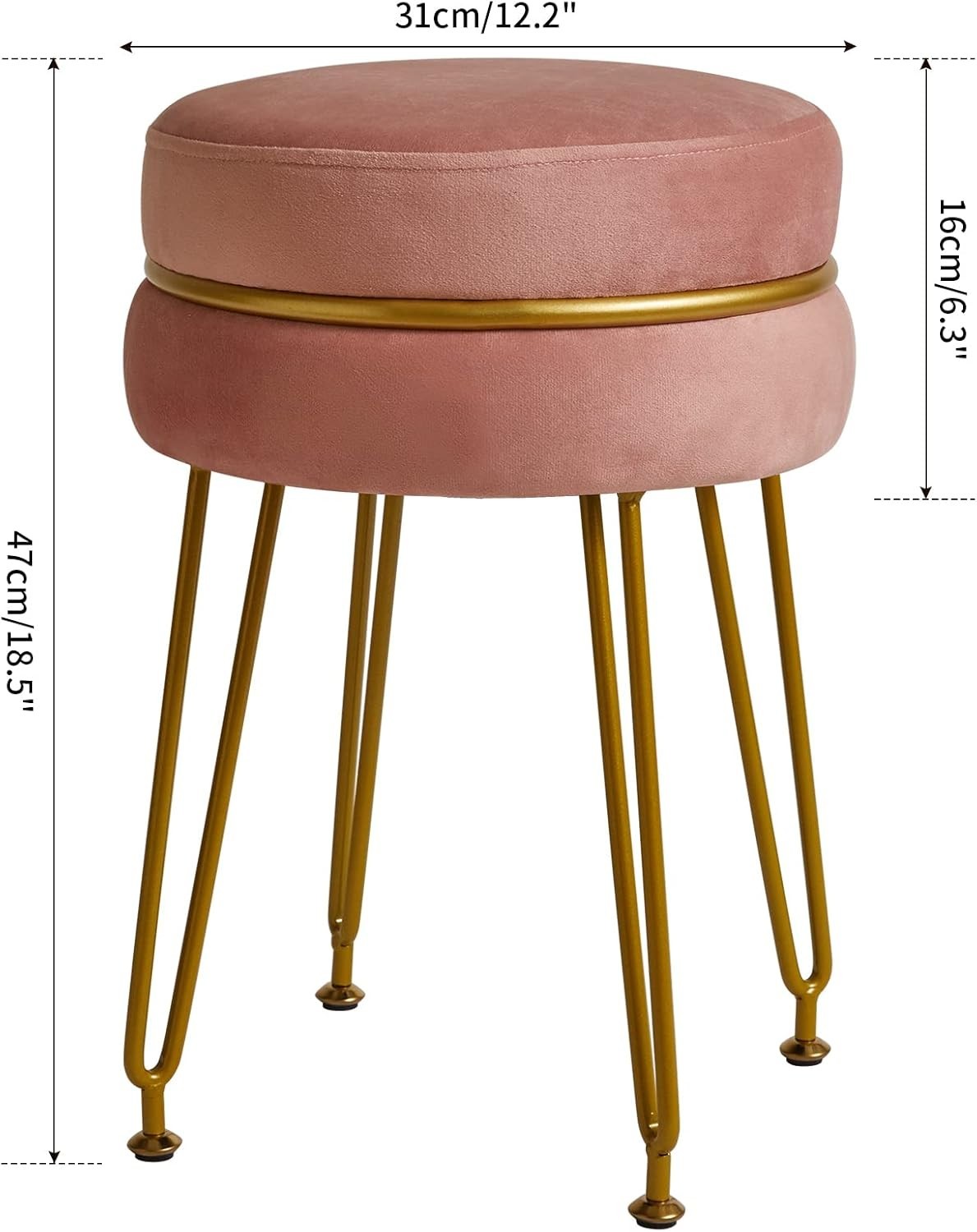 Pink Velvet Round Footstool Ottoman with Gold Legs – Modern Vanity Stool
