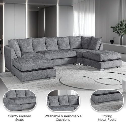 Grey U-Shape 5 Seater Modular Sofa – Comfy Sectional Couch with Footstools