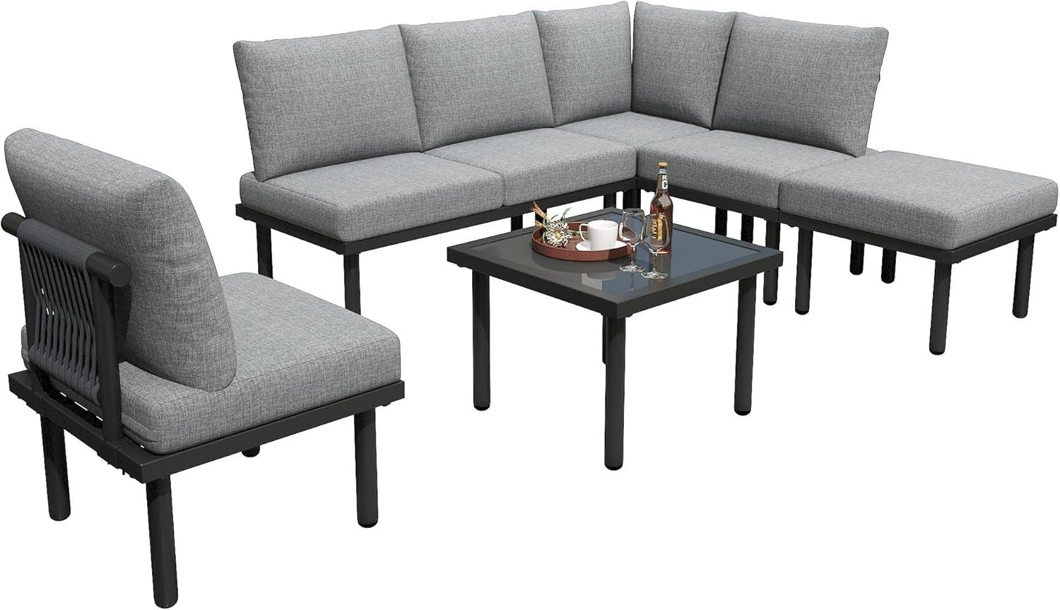 Modern Outdoor Garden Corner Sofa Set 6-Seater w/ Cushions & Table