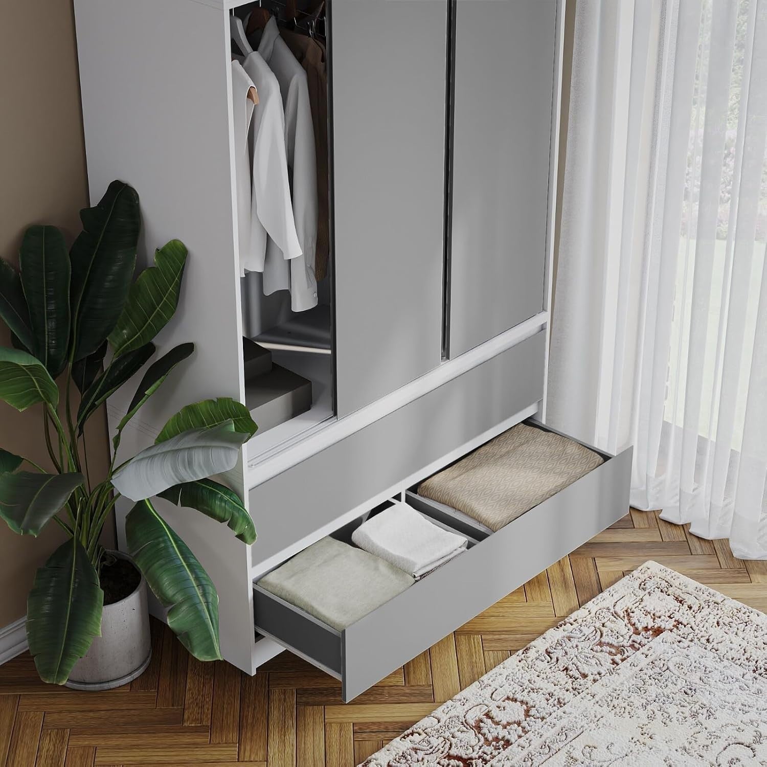 Grey Door Sliding Wardrobe 240cm 6 Doors 4 Drawers Spacious Bedroom Closet