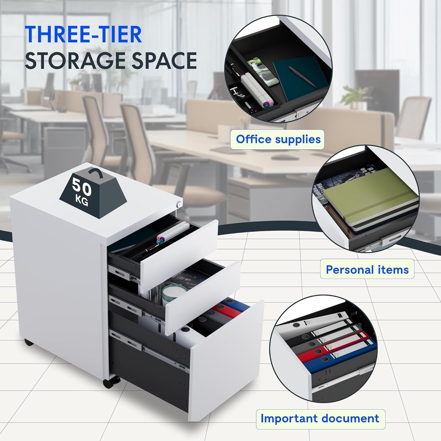 White Mobile Filing Cabinet 3 Drawer Lockable Under Desk Steel