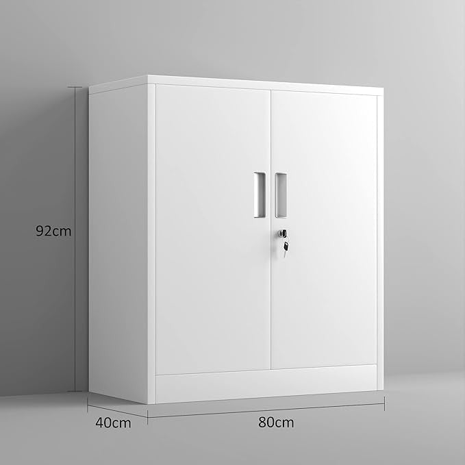 White Metal Storage Cabinet with Lock & Adjustable Shelves 92CM Office Cupboard