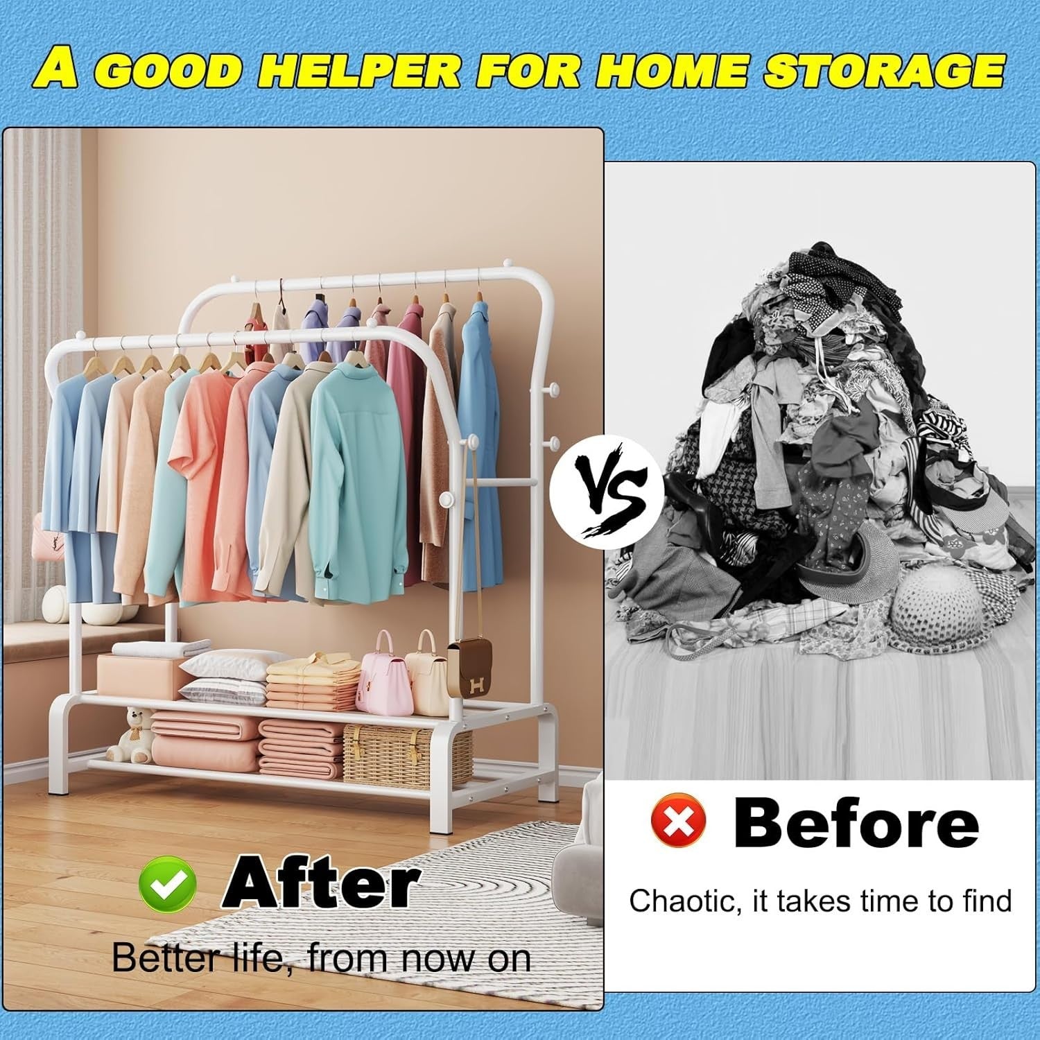 Heavy Duty Double Clothes Rail with Shelf & Hooks – White