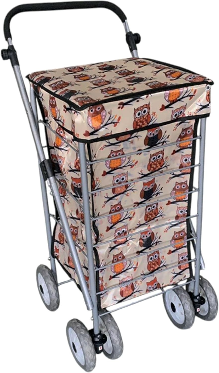 Foldable 6-Wheel Shopping Trolley 60L Lightweight Cart Beige Owl Print