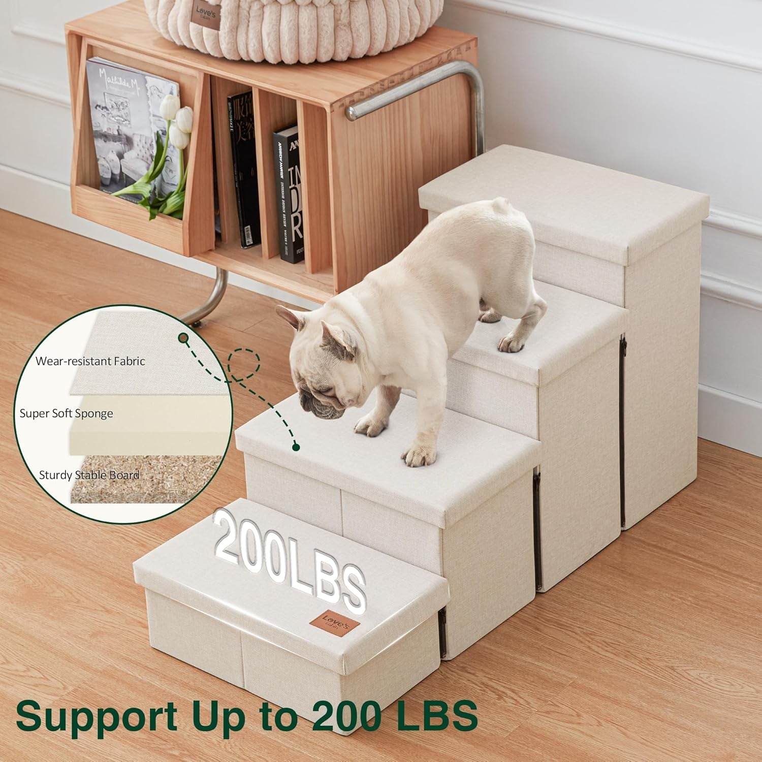 Dog Stairs 4 Step with Storage Foldable Pet Steps Beige 200lb