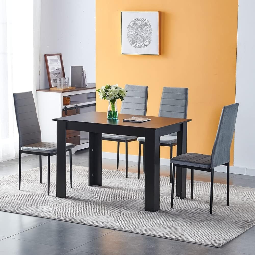 Black Dining Table Set 4 Grey Velvet Chairs Modern Space-Saving Kitchen