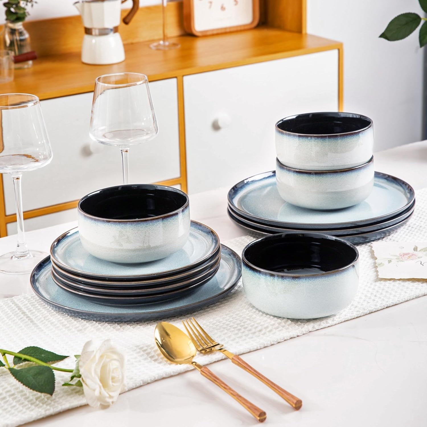 12pc Stoneware Dinner Set for 4 Scratch Resistant Plates Bowls Microwave Safe