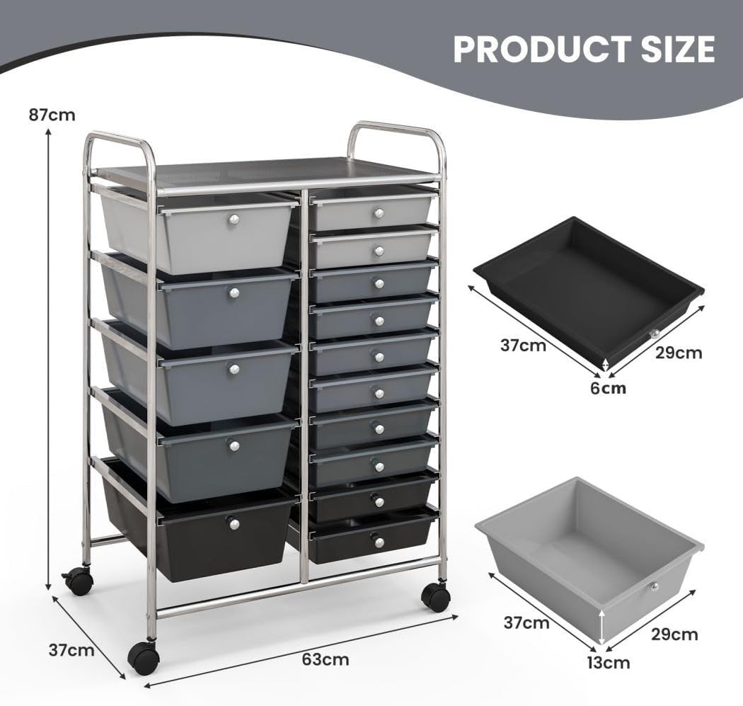 15 Drawer Rolling Storage Trolley Utility Organizer Cart Black Silver