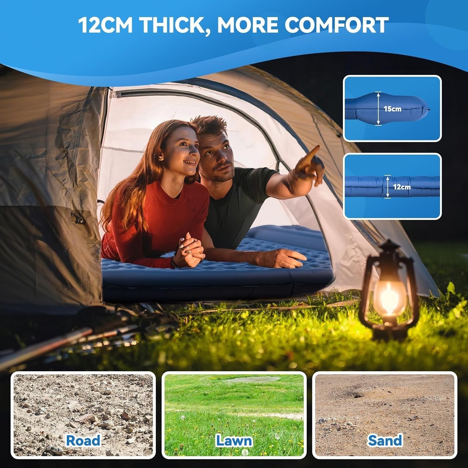 Double Self-Inflating Camping Mat with Built-In Pump, 197x135x15cm