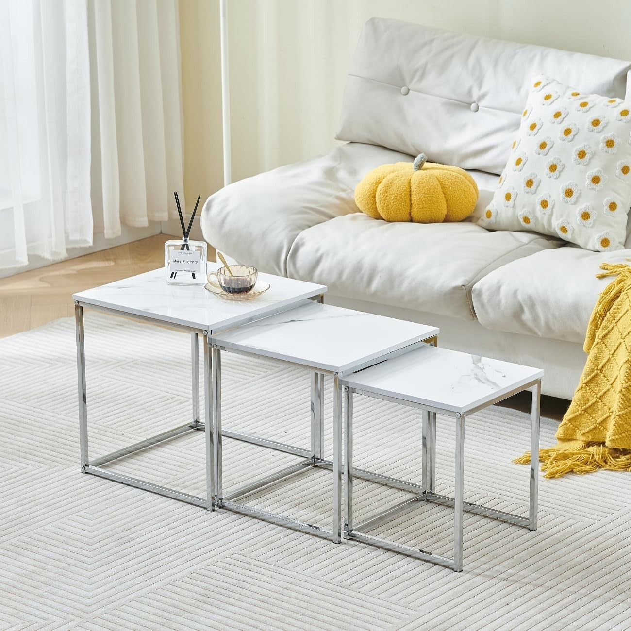 Set of 3 Nesting Coffee Side Tables White Marble End Storage Space Saver