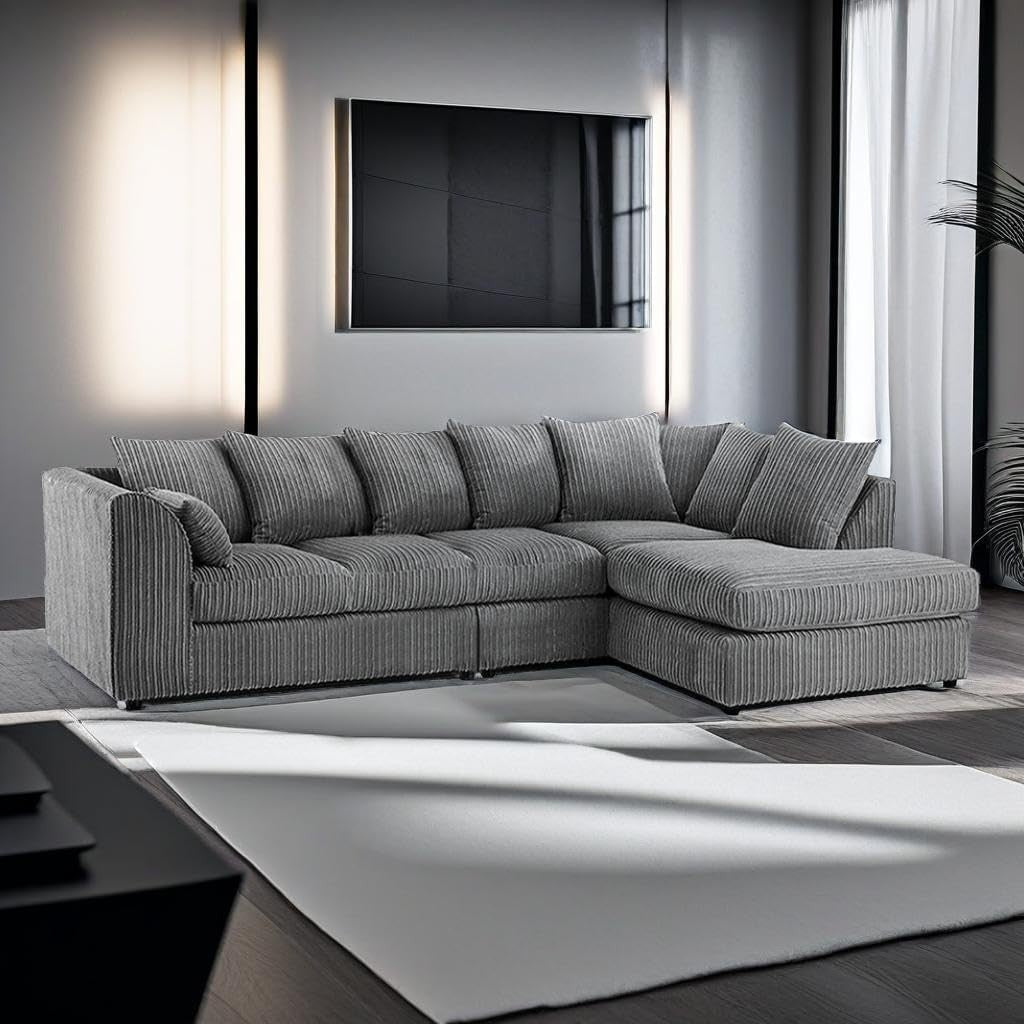 Modern 5-Seater L-Shape Corner Sofa Grey Jumbo Cord Fabric 262cm Wide