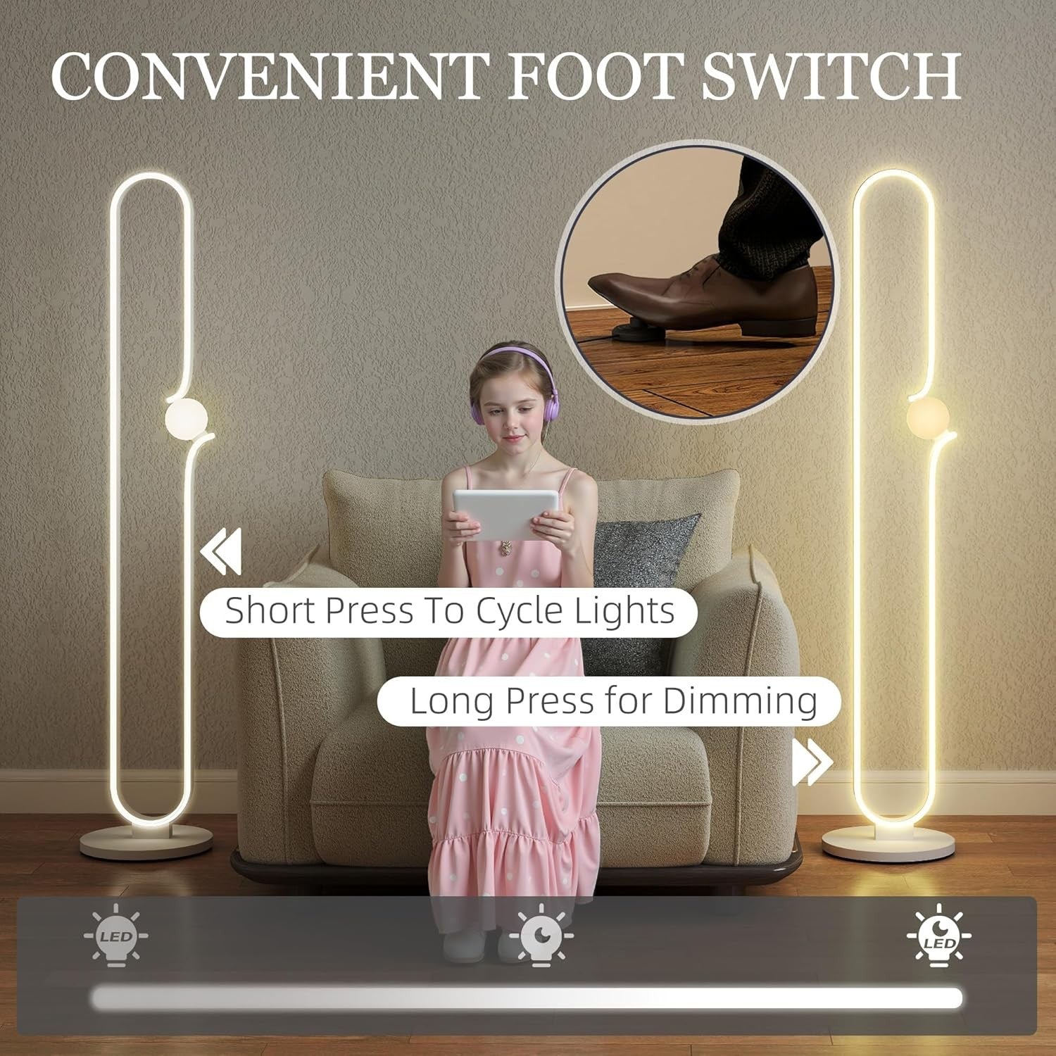 Modern LED Floor Lamp White Dimmable Standing Light Foot Switch Bedroom