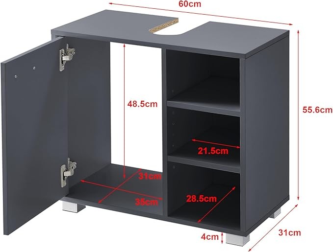 Dark Grey Bathroom Sink Cabinet 56x60x31cm Modern Vanity Storage Unit