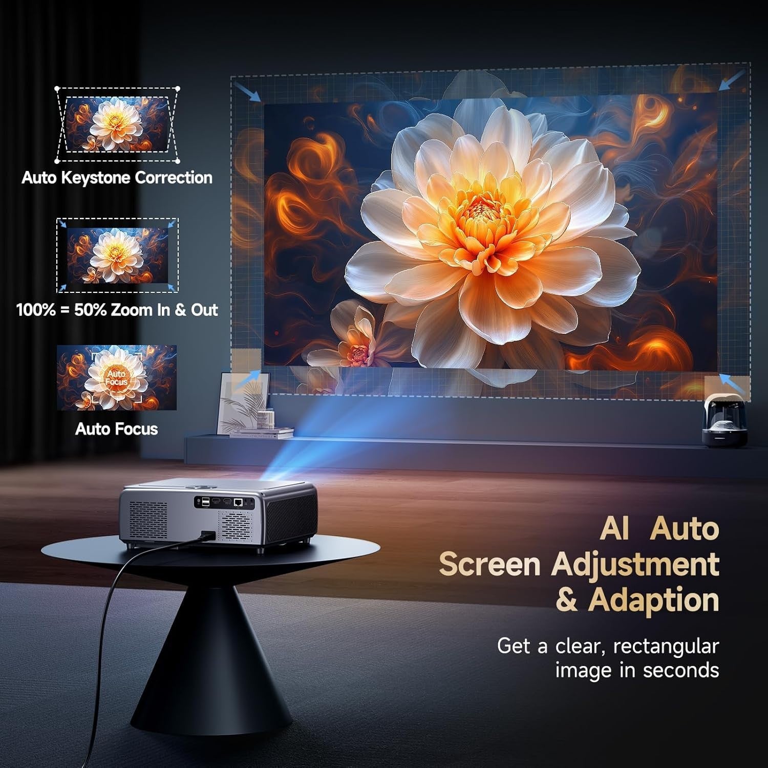 Smart 1080P Projector 1000 ANSI WiFi 6 Bluetooth Auto Focus 4K