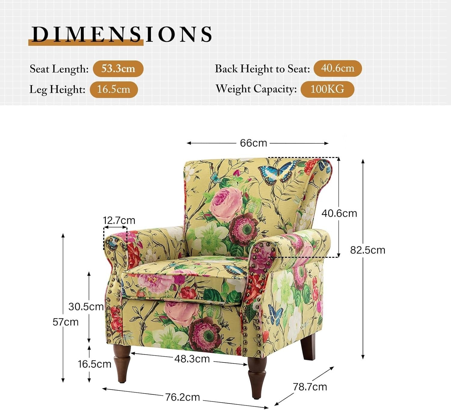 Floral Velvet Wingback Armchair Yellow Accent Chair for Living Room