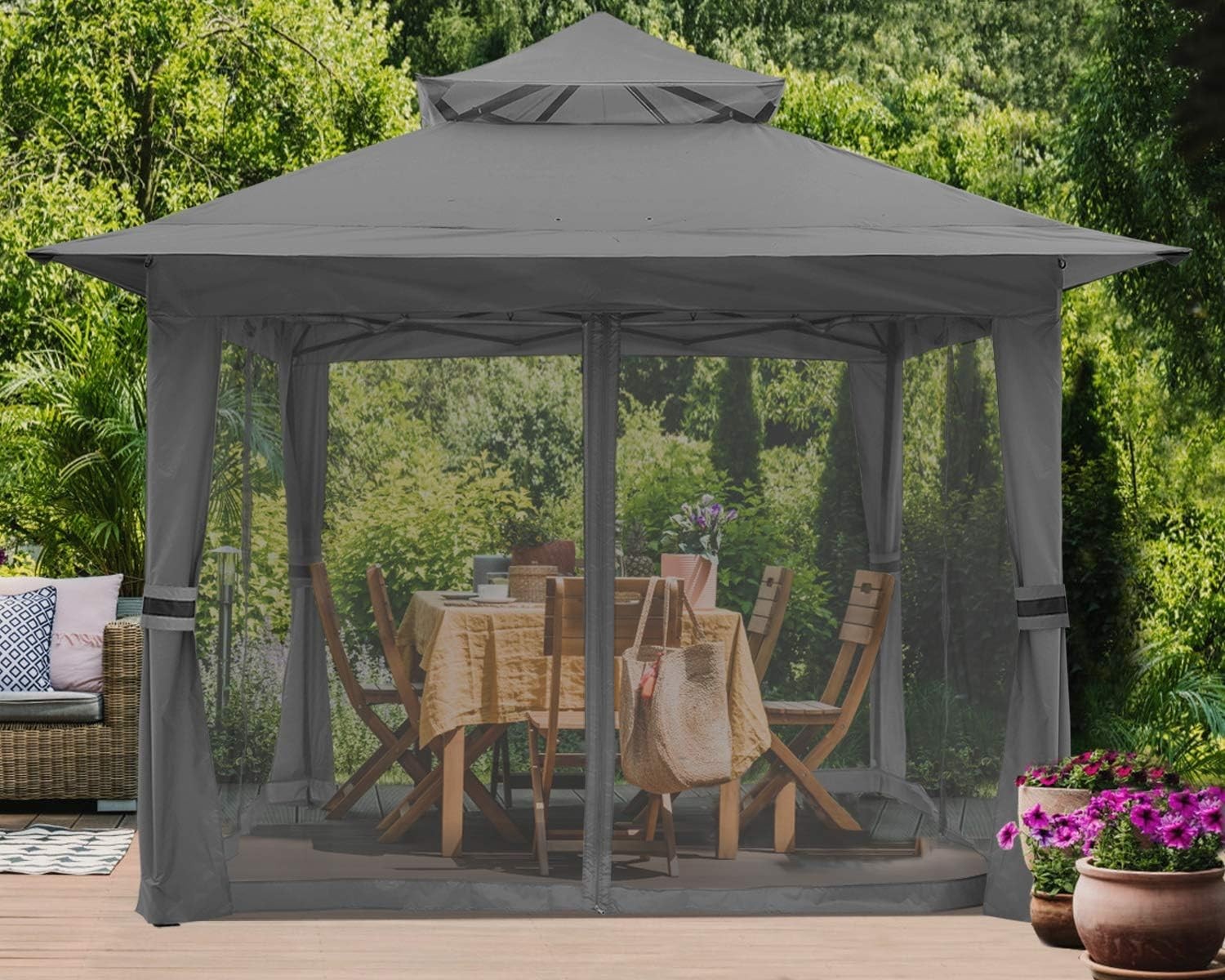 3.6x3.6M Gray Pop Up Gazebo With Mesh Walls Outdoor Canopy Tent