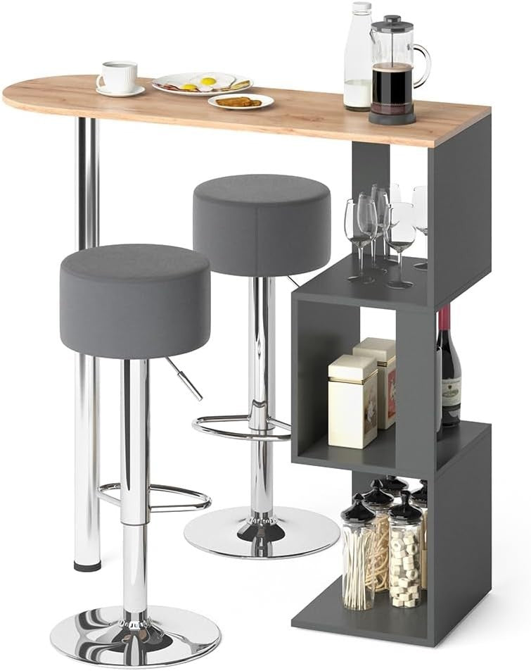 Bar Table Set with 2 Swivel Stools Storage Shelf Gold Oak Anthracite Modern