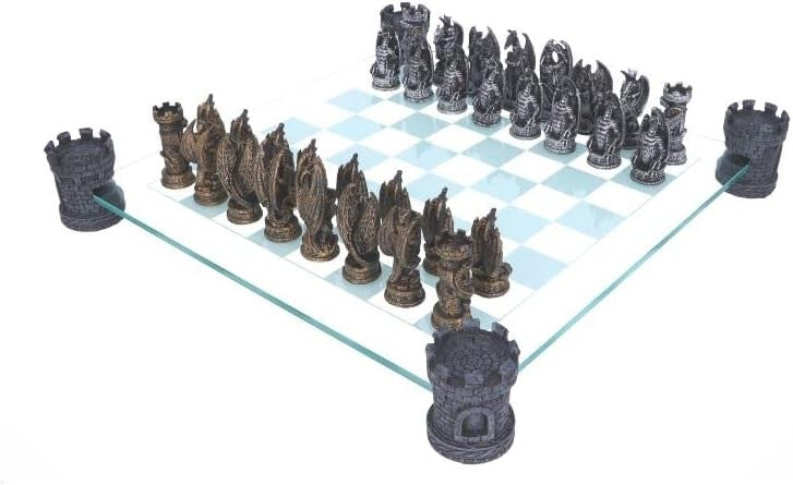 Luxury Dragon Chess Set 43cm Bronze | Hand-Painted Resin Pieces on Glass Board