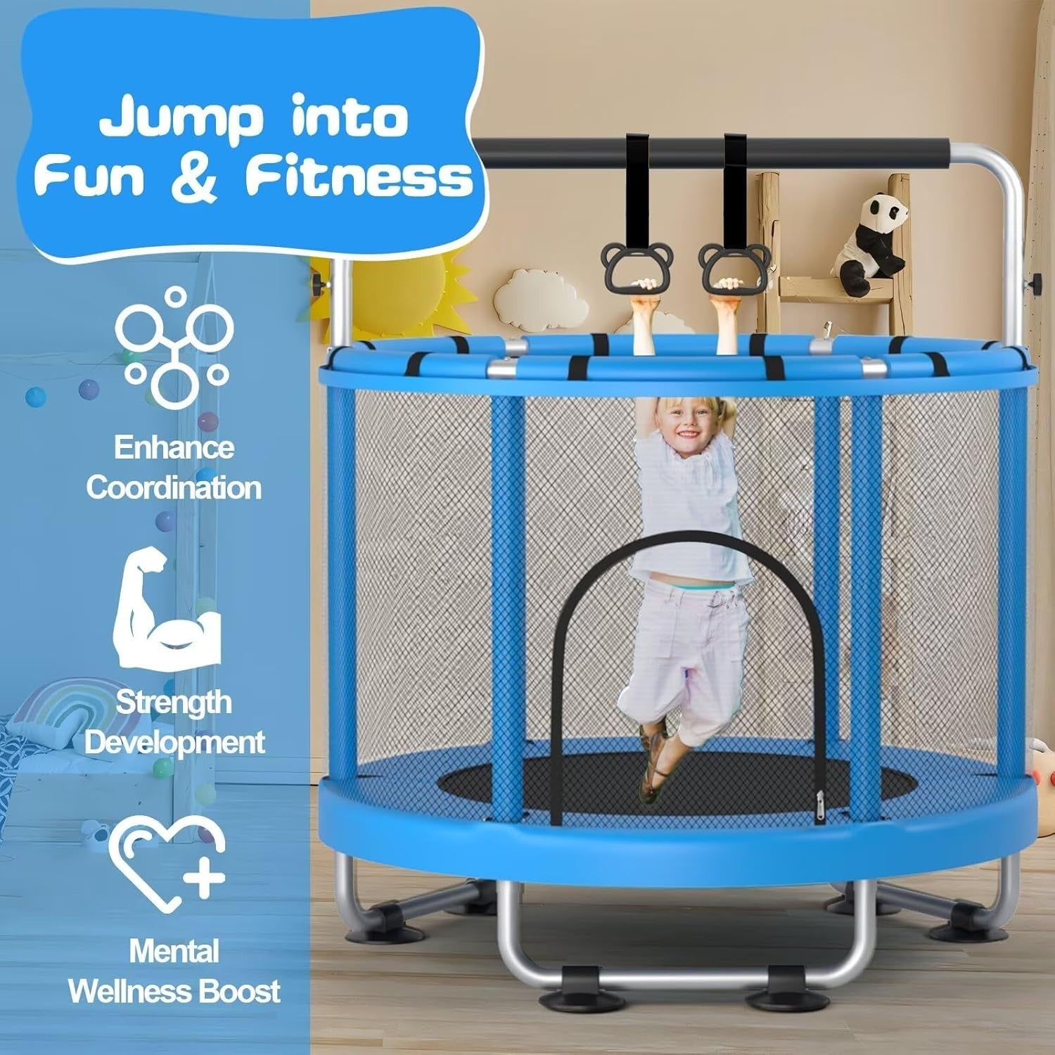 55” Kids Trampoline w Enclosure Indoor Outdoor Gym Bar Toys 440lbs