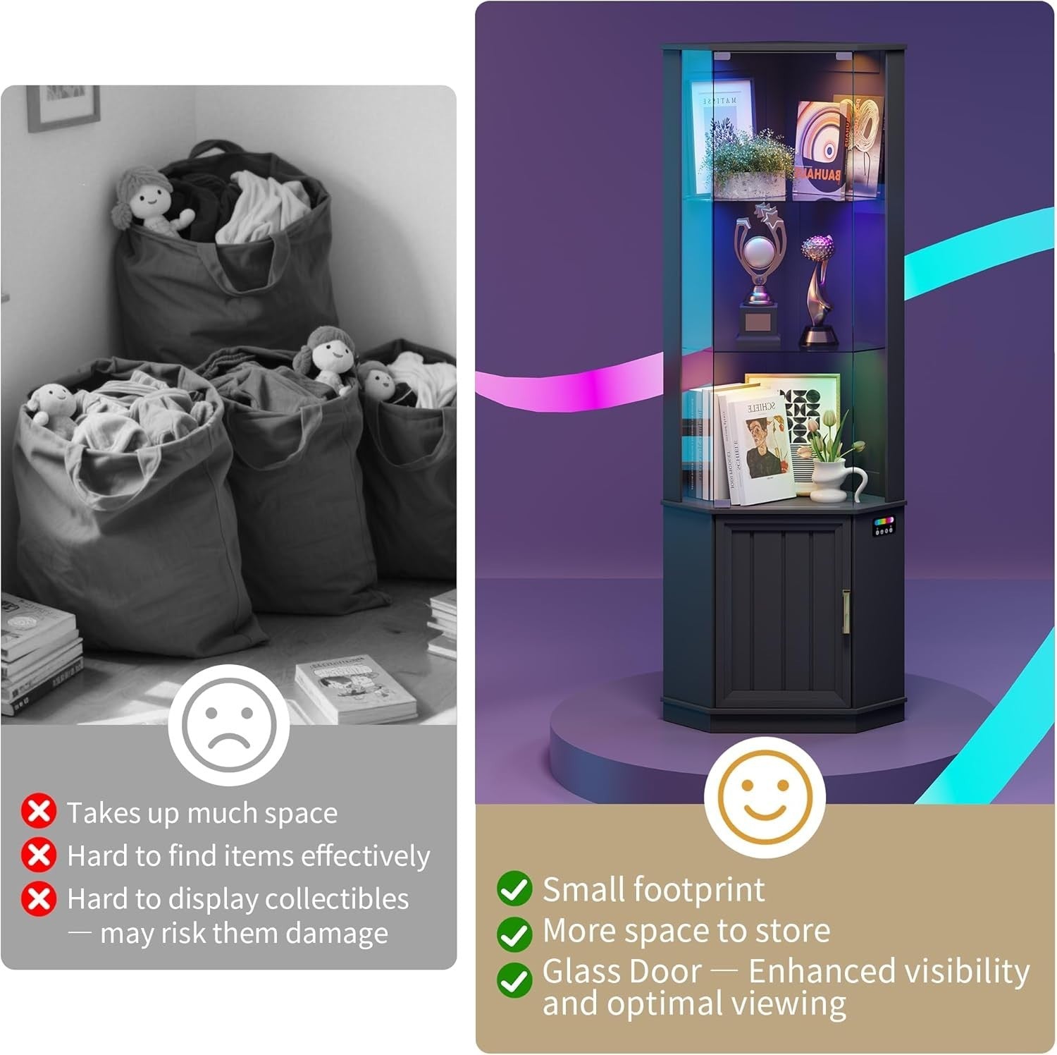 Corner Display Cabinet with RGB Lights, Glass Shelves & Motion Sensor