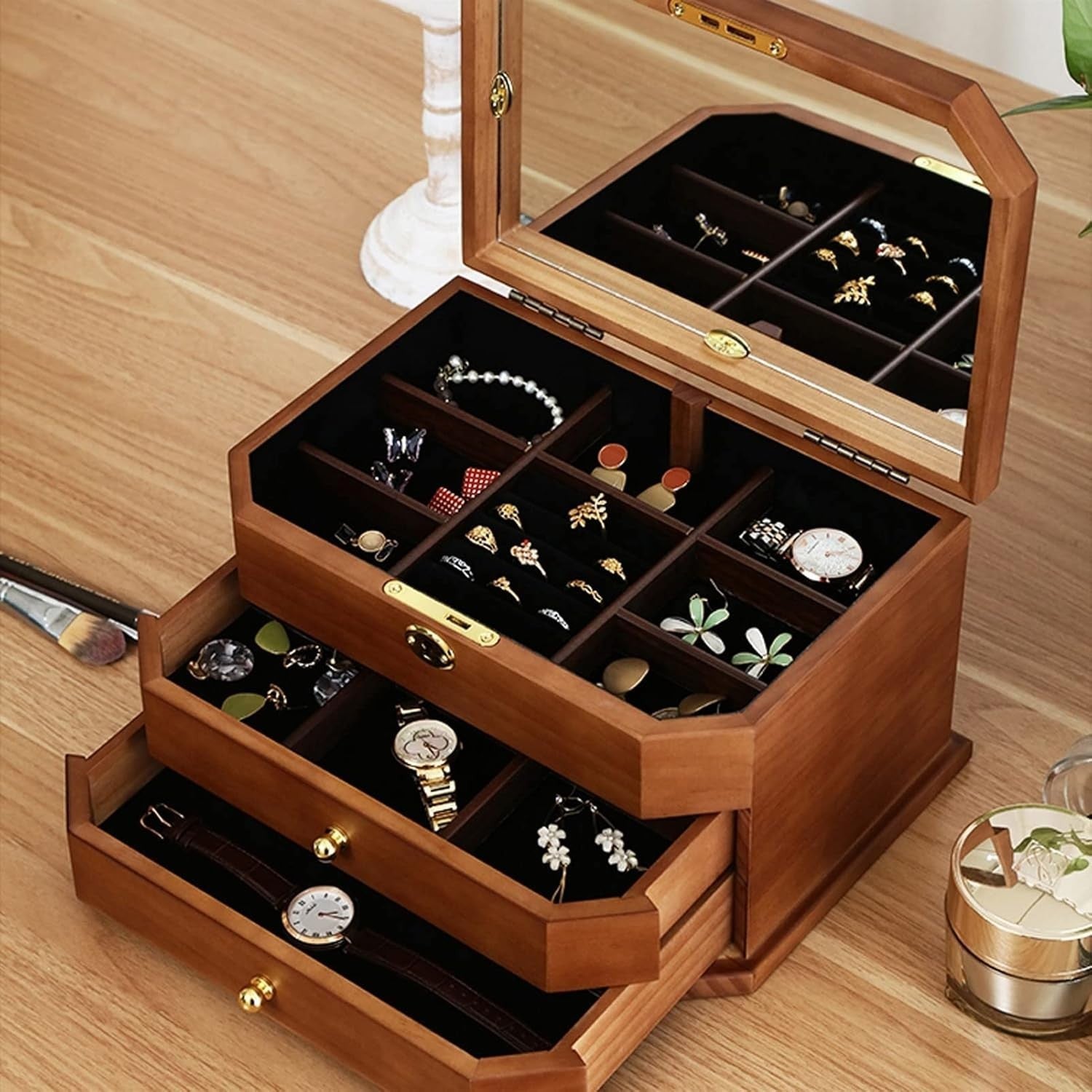 Extra Large Wooden Jewelry Box Combo Lock Velvet Organizer Cabinet