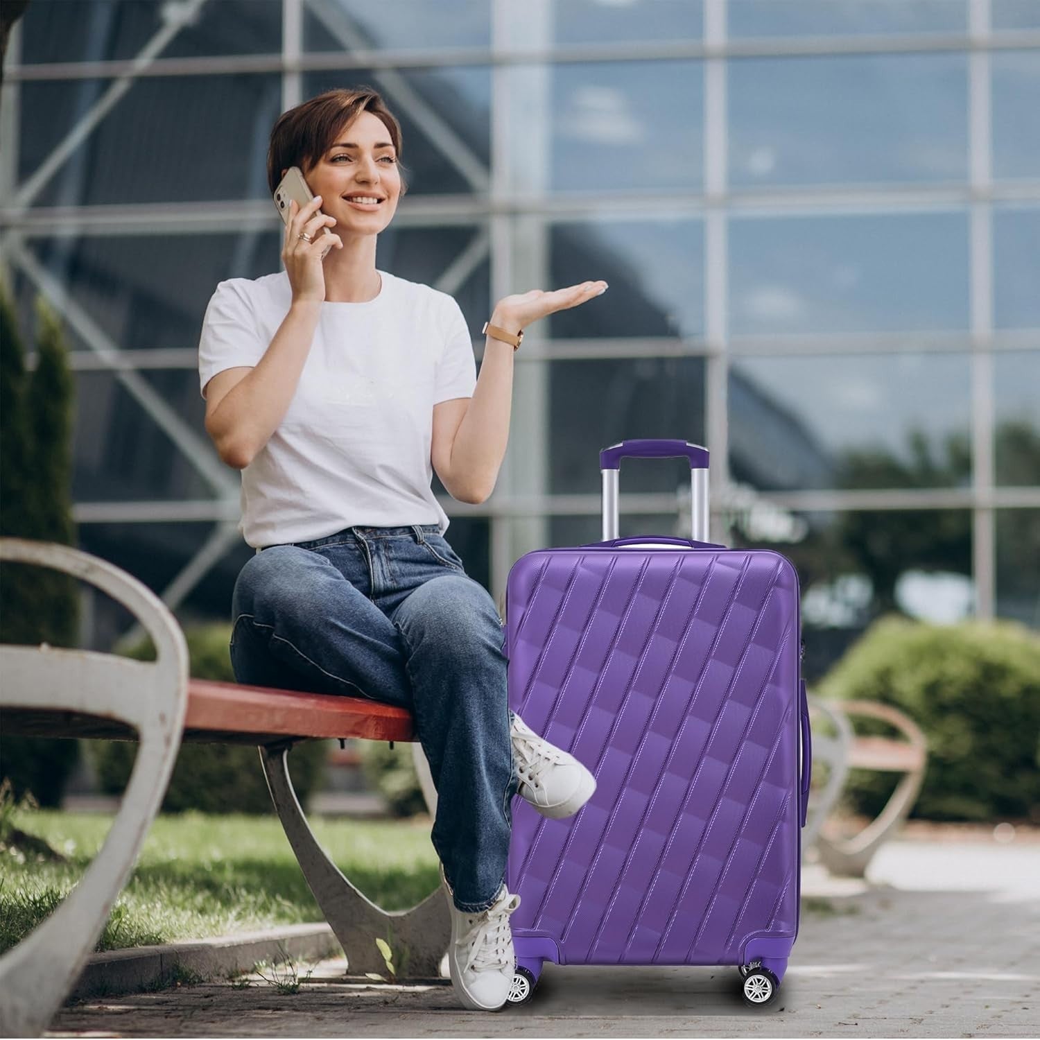 20 Inch Cabin Carry On Hard Shell Suitcase 4 Spinner Wheels Lock Purple