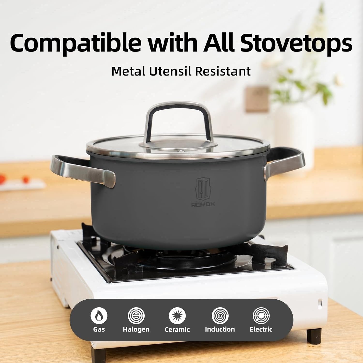 6Pcs Shadow Grey Stainless Steel Cookware Pot Set with Glass Lids Induction Safe