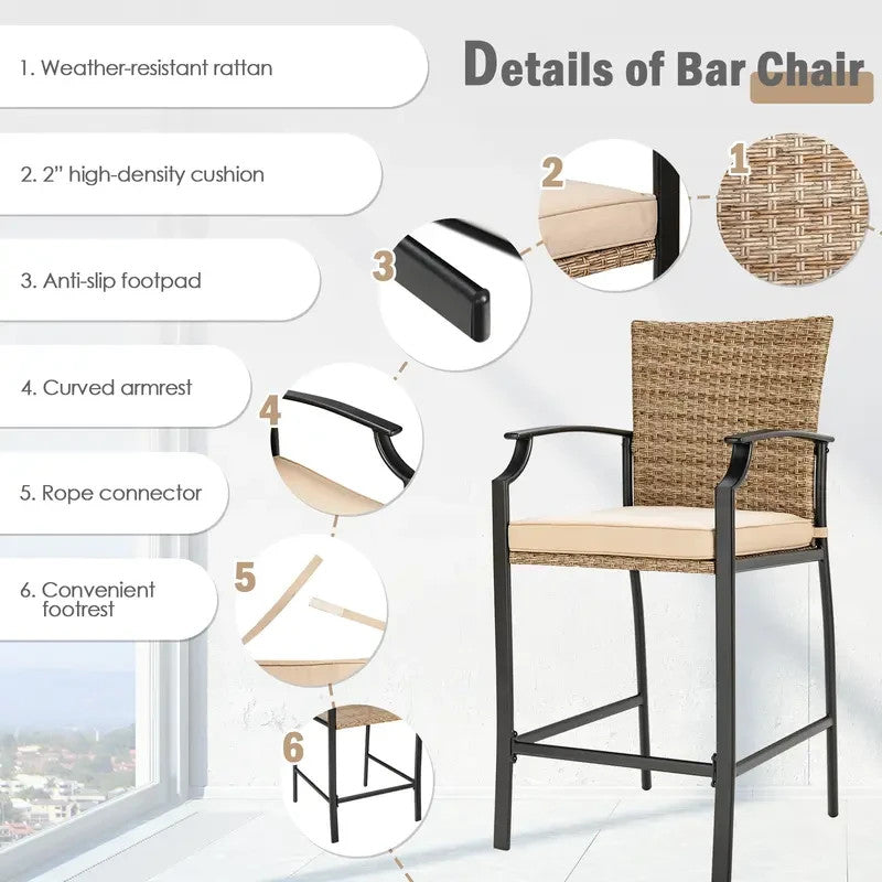 4x Outdoor Rattan Bar Stools with Cushions High Backrest Garden Patio