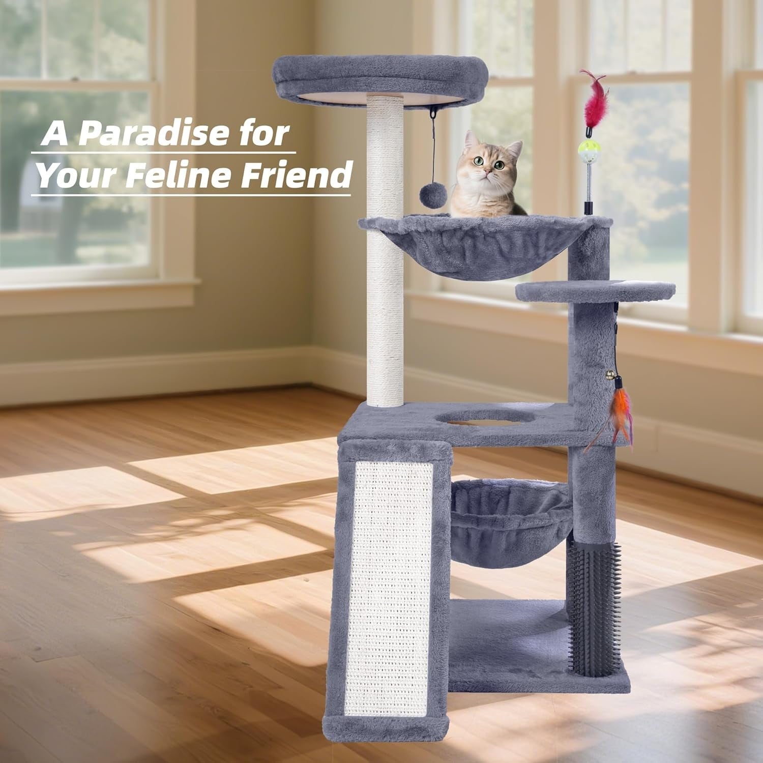 Grey Multi Level Cat Tree Tower with Hammock Scratching Posts Play Ladder