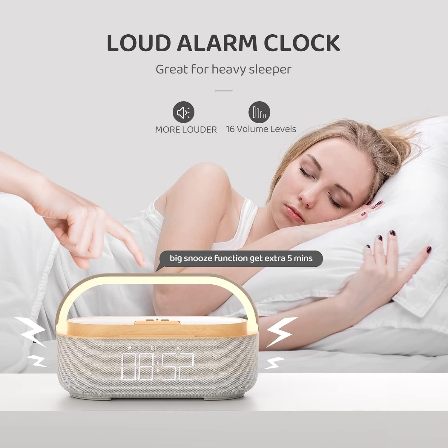 Bluetooth Alarm Clock Wireless Charger Speaker Loud Snooze Night Light