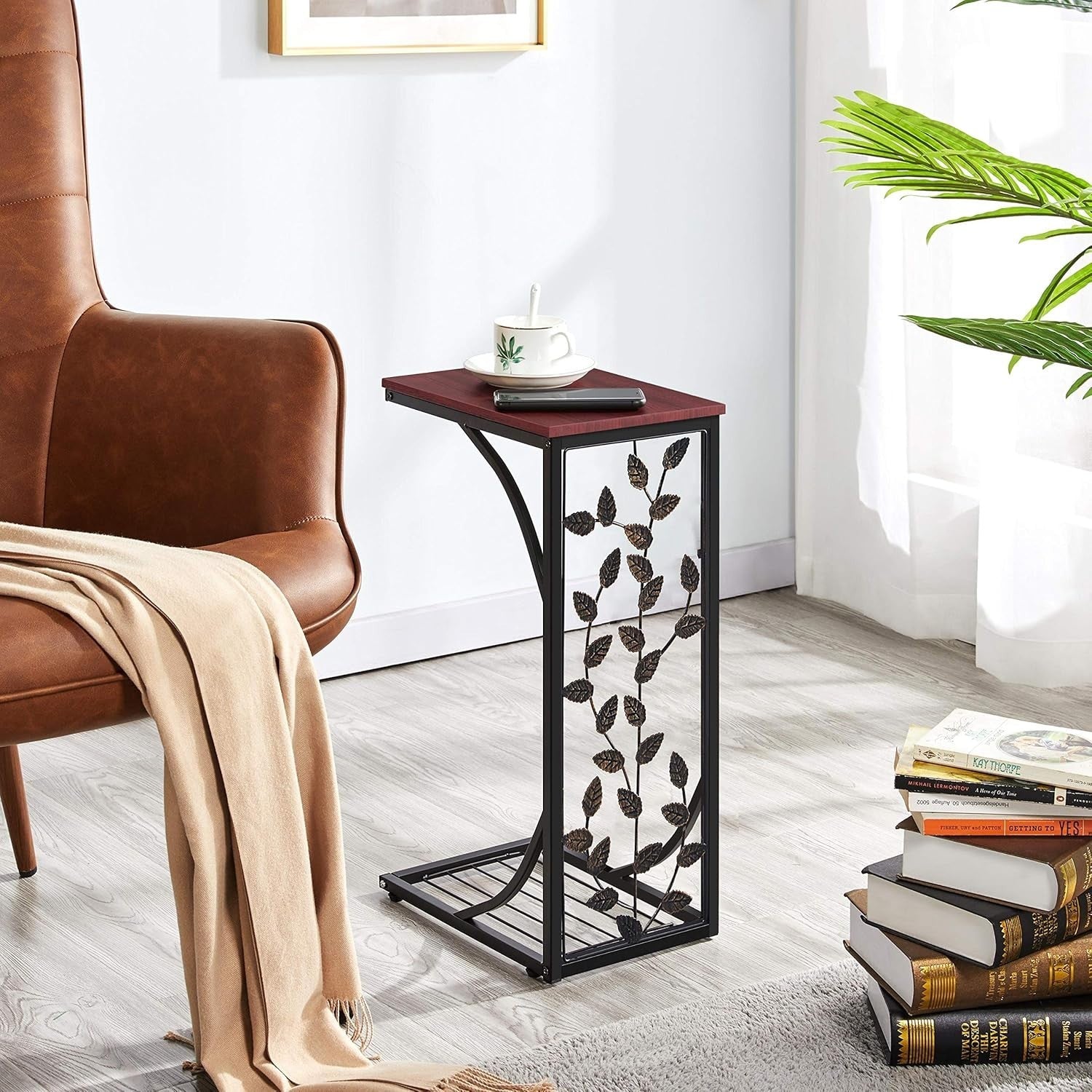 C-Shaped Side Table Set of 2 | Small Sofa End Table w/ Storage Shelf