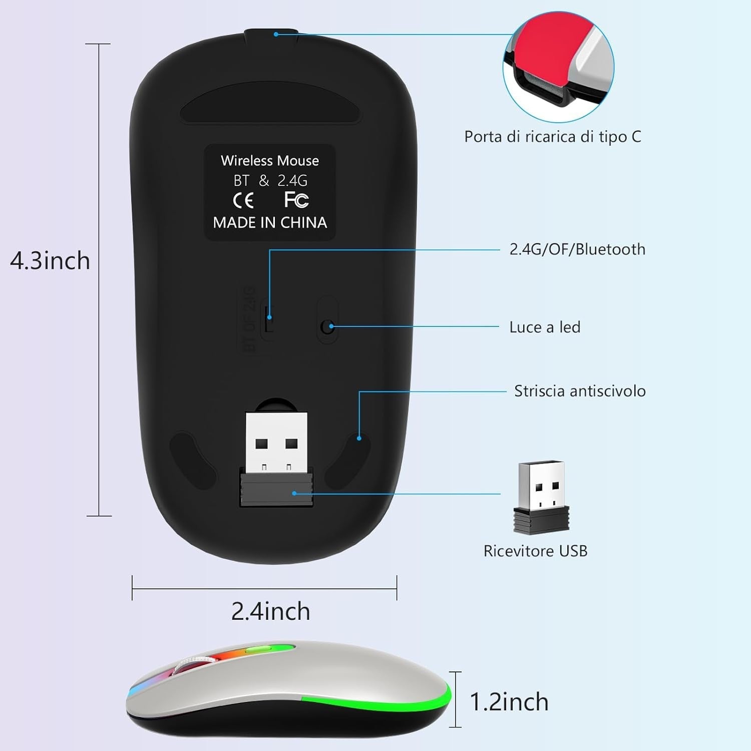 Silver Bluetooth Wireless Mouse 1600 DPI Rechargeable RGB