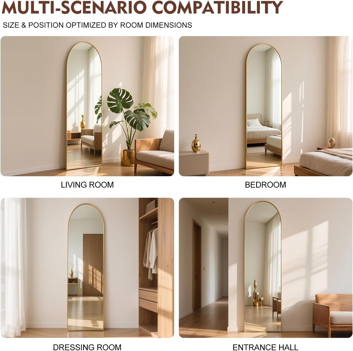 Full Length Arch Mirror 152x42cm Golden Frame Tempered Glass Free Standing
