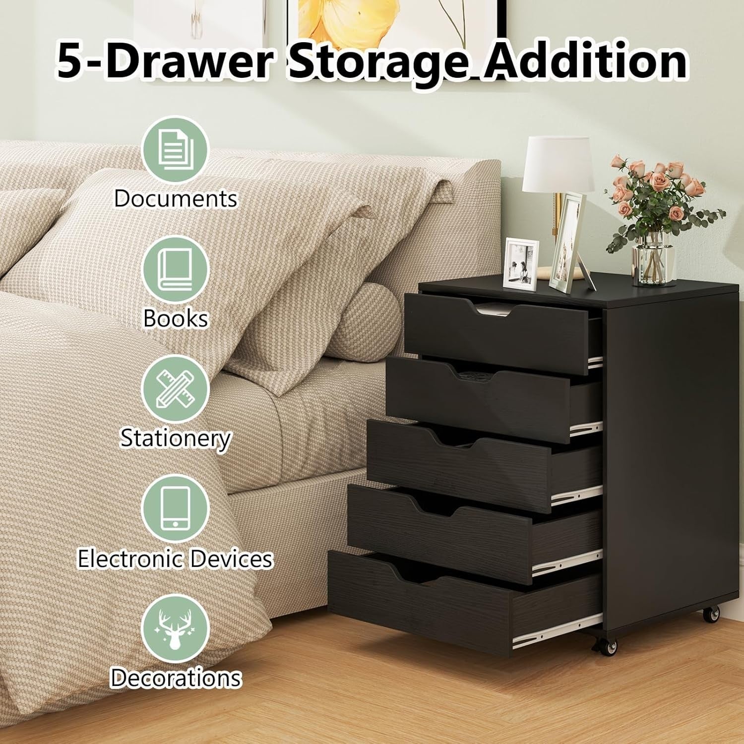 Black Mobile 5 Drawer File Cabinet Rolling Under Desk Office Storage