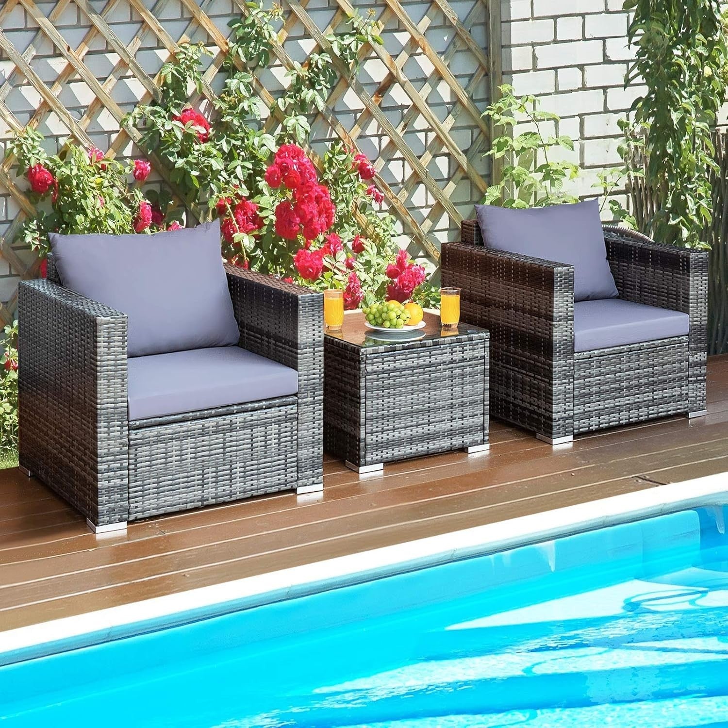 3PC Rattan Bistro Set Patio Garden Furniture Cushioned Chairs & Table