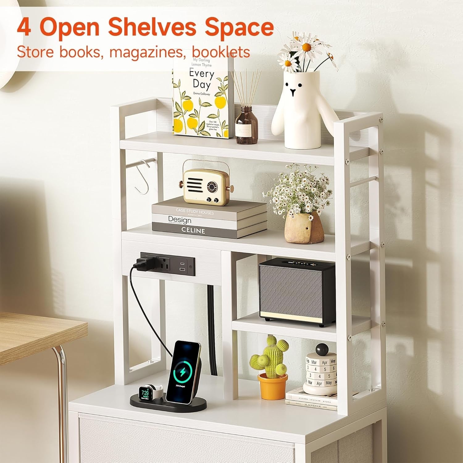 Tall White Bedside Table with LED Lights Charging Ports Shelves Drawers Storage