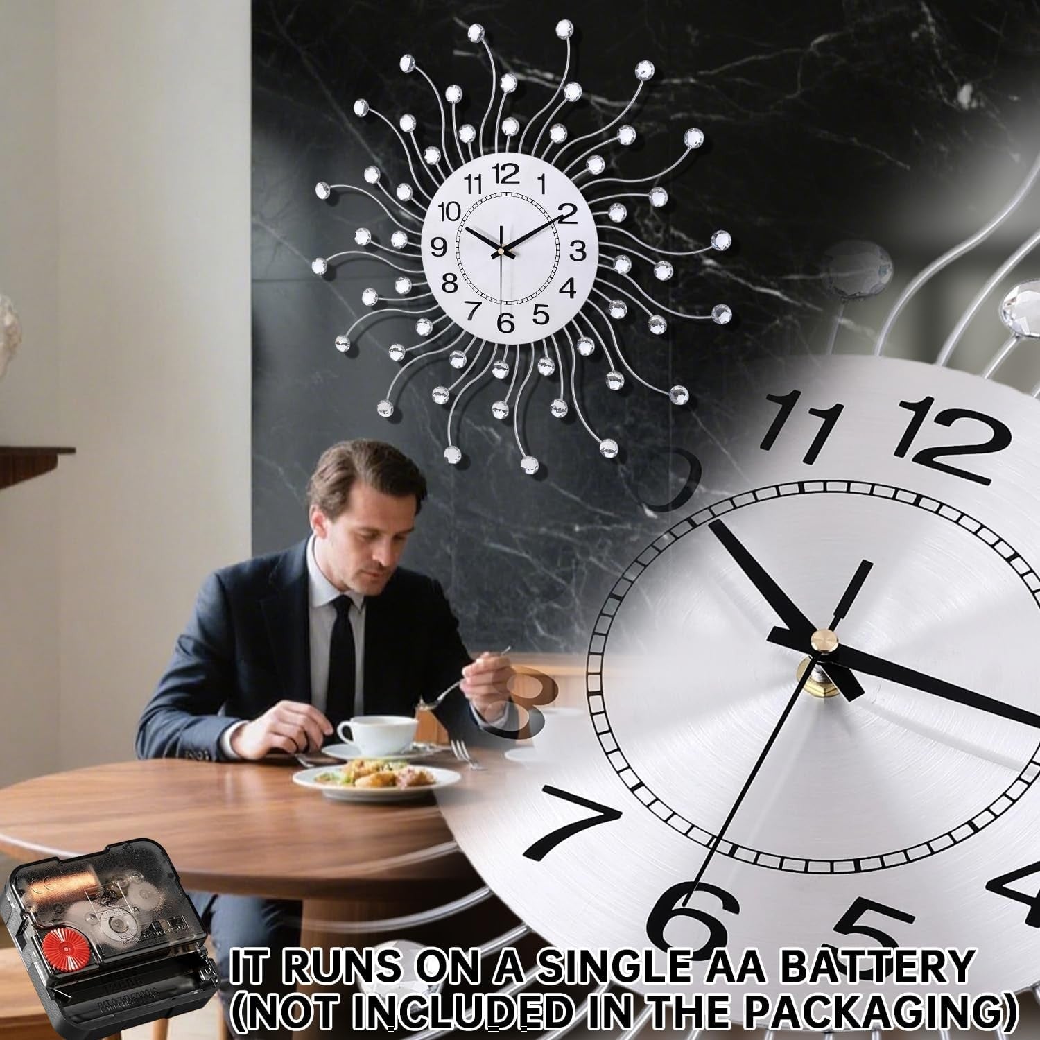 Modern Large Wall Clock 20" Silver Crystal Silent Non-Ticking Home Decor