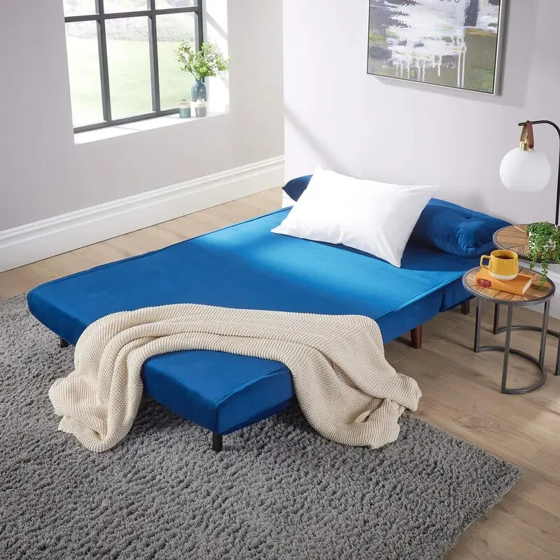 Velvet Double Sofa Bed Blue Folding Chair Sleeper Seat with Pillows