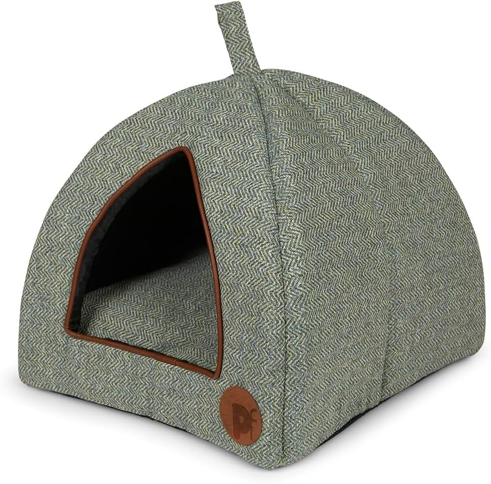Sage Herringbone Cat Igloo Bed Cozy Pet Hideaway Soft Cushion 40x40x35