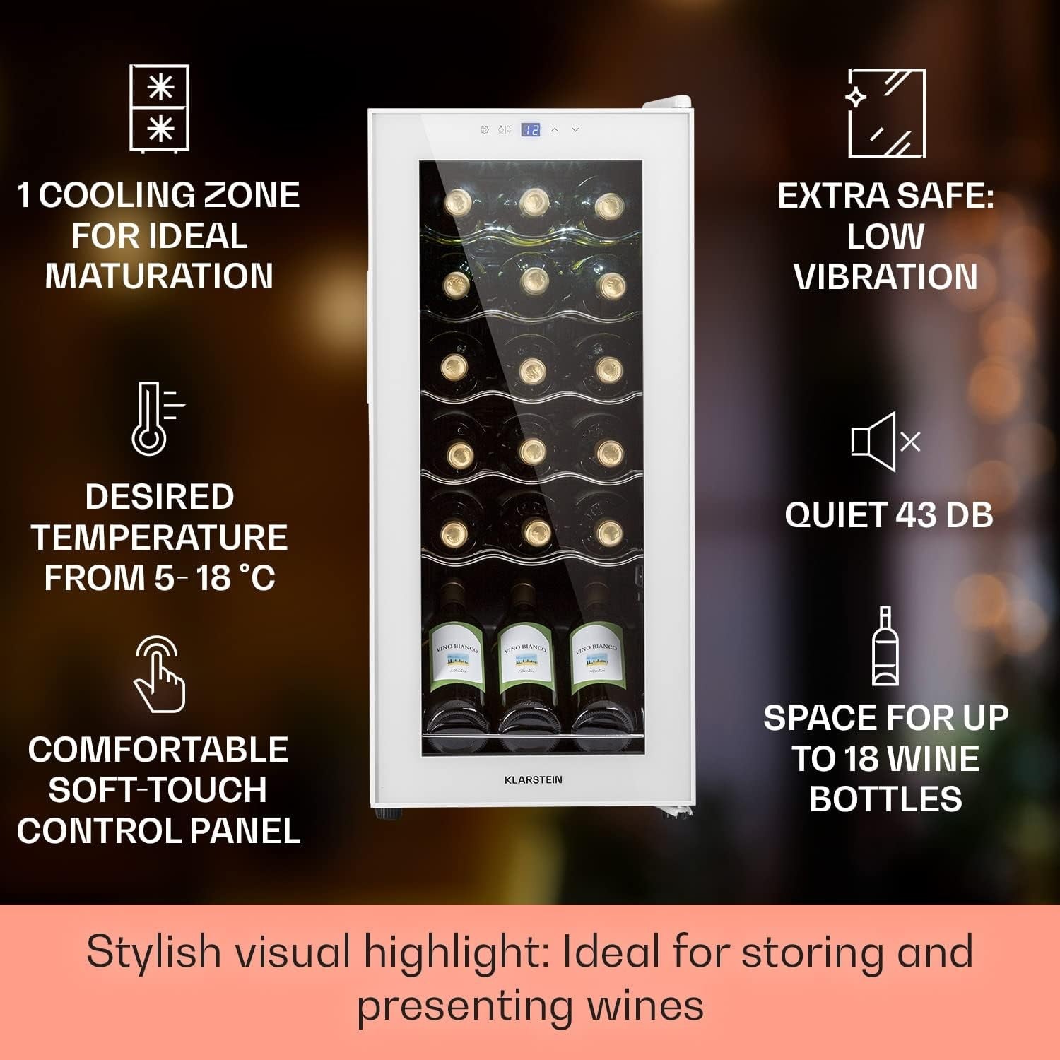 Wine Cooler Fridge 18 Bottle Glass Door Single Zone Slim Freestanding White
