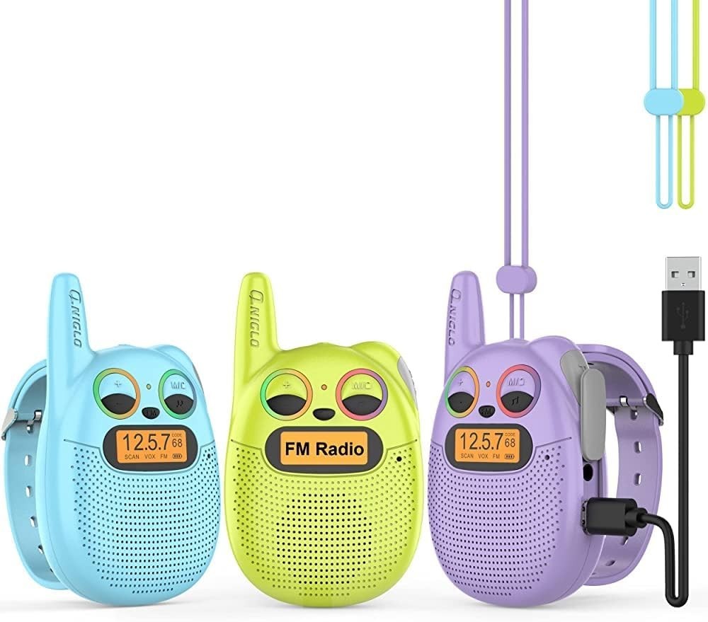 Kids Rechargeable Walkie Talkies 3 Pack Watch Style FM Radio VOX Toy