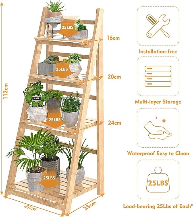 4 Tier Wooden Ladder Plant Stand Foldable Shelf Indoor Outdoor Display Rack