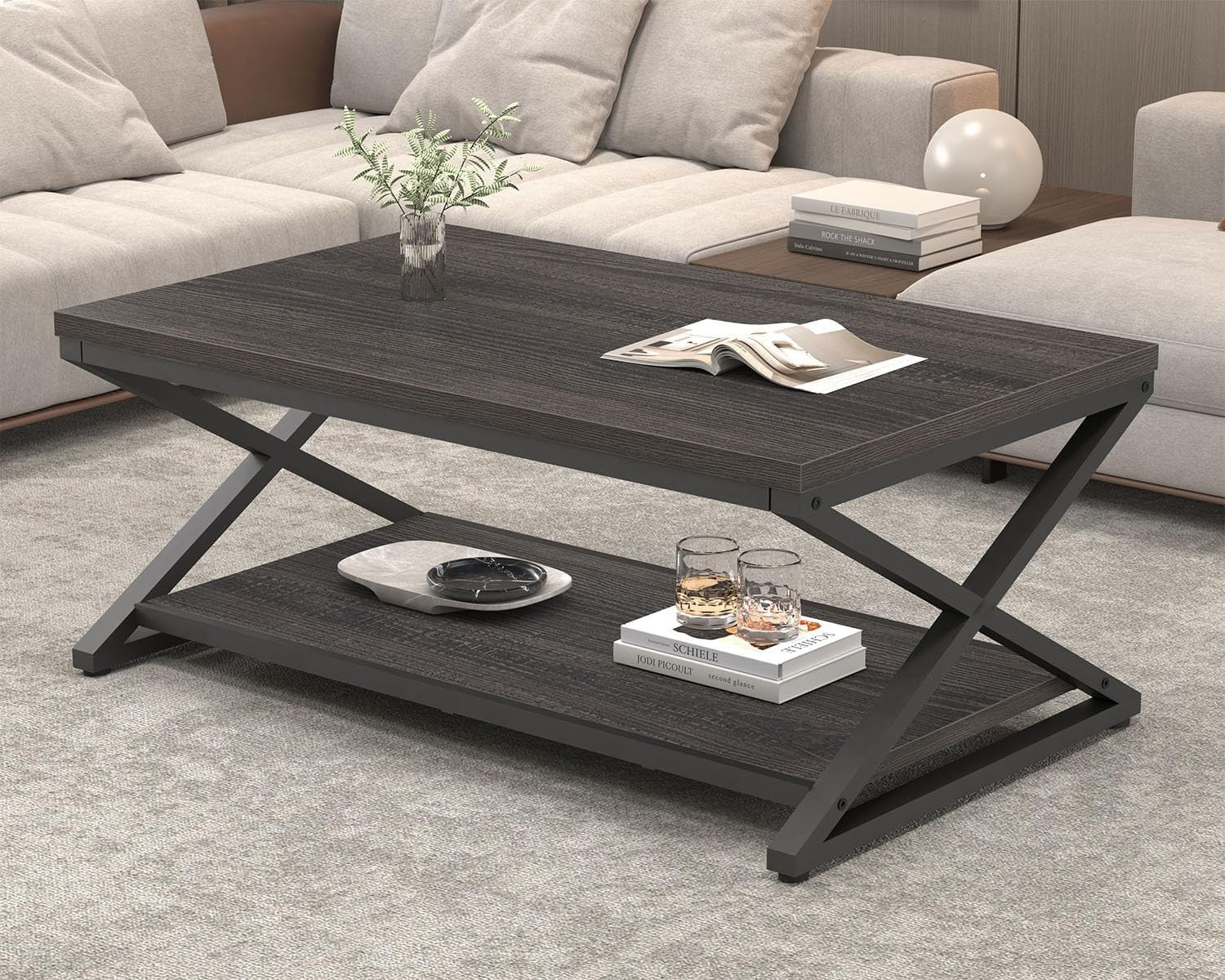 Industrial Grey Coffee Table with Storage Shelf – Modern 47" Metal Wood Design